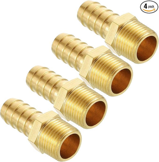 Pack of 4 Brass Hose Barb Fittings Adapter Connector 1/2" Hose Barb to 3/8" NPT Male Fittings for Home Machines, Massage Bathtubs, and Irrigation Systems