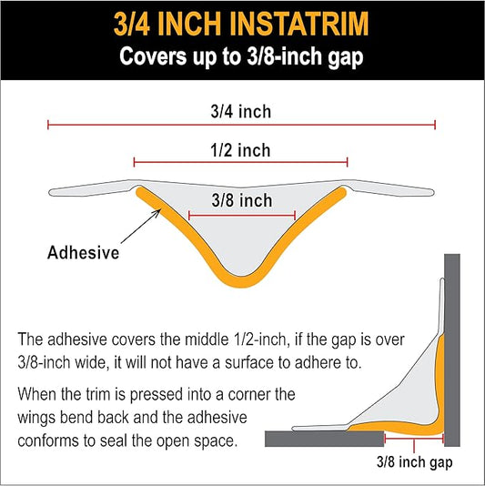 InstaTrim Peel & Stick Flexible Caulk Tape & Trim, Easy to use, self-Adhesive, Caulk sealant for Floors, Doors, Windows, counters, tubs and More - Made in USA, 3/4 inch x 10 feet, Black