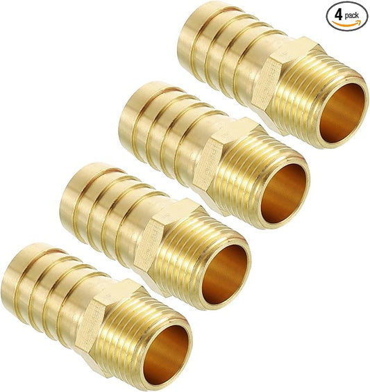 Pack of 4 Brass Hose Barbed Fittings Adapter Connector 3/4" Hose Barb to 1/2" NPT Male Fittings for Home Machines, Massage Bathtubs, and Irrigation Systems