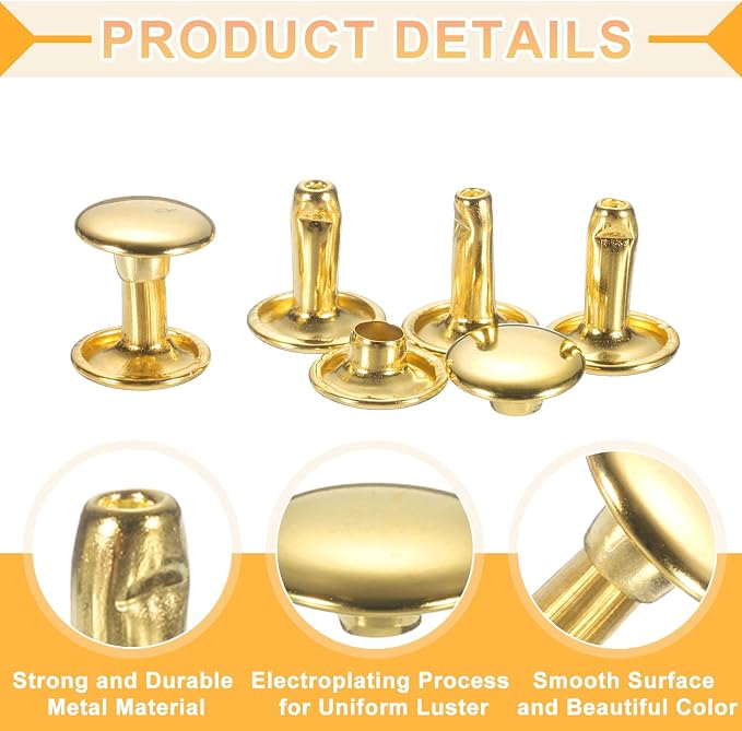 uxcell 120Set Leather Rivets, 10mm Double Cap Rivet Tubular Metal Studs Repairs Decoration Craft Accessories for Repair Decorate Leather Craft Belt Bag Shoes Purse Belts, Gold