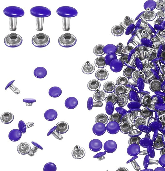 HARFINGTON 100 Sets Double Cap Leather Rivets, 6x6mm Round Cap Tubular Metal Studs Leather Crafting Rivets for Fabric Belt Pet Collar Boot Bag Repair and Decoration, Purple