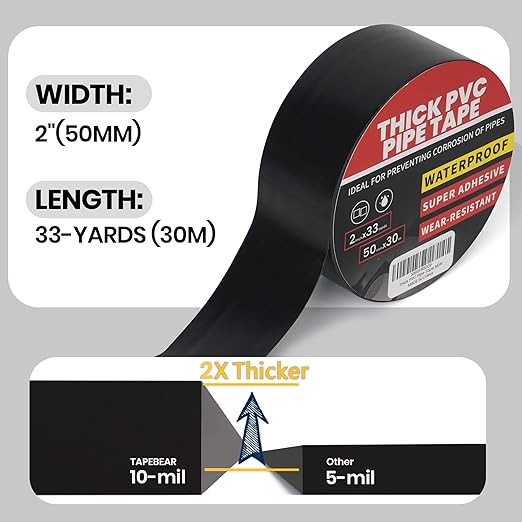 TAPEBEAR Corrosion Protection Pipe Tape, 10mil Pipe Wrap Tape for Drain Pipe, Metal Electrical Outdoor Underground Pipe, Waterproof PVC Black Tape Thicker for Hose Leak Proof, 2Inch x 33Yard