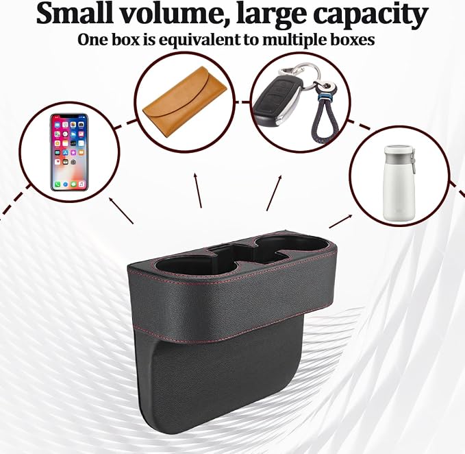 Car Gap Filler Organizer, Multifunctional Leather Console Side Crevice Blocker Storage Box with Cup Holder, Auto Seat Gap Stopper Organizer for Keys, Phones, Glasses, Universal Fit (Black)