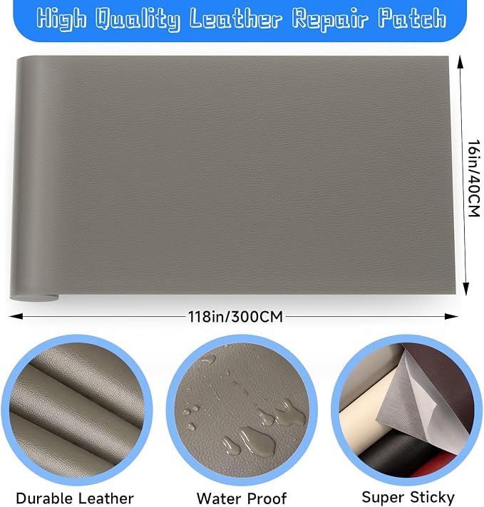 Leather Repair Patch, Self Adhesive Leather Repair, Large Leather Repair Tape for Sofa, Car Seats, Furniture, Cabinets, Chairs, Handbags （Grey, 16X118 inch)