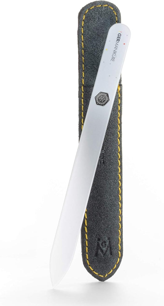 GERMANIKURE Czech Crystal Glass Nail File in Suede Leather Case - Original White Branded - Professional Manicure & Pedicure Products for Smooth Easy Shaping of Natural Nails