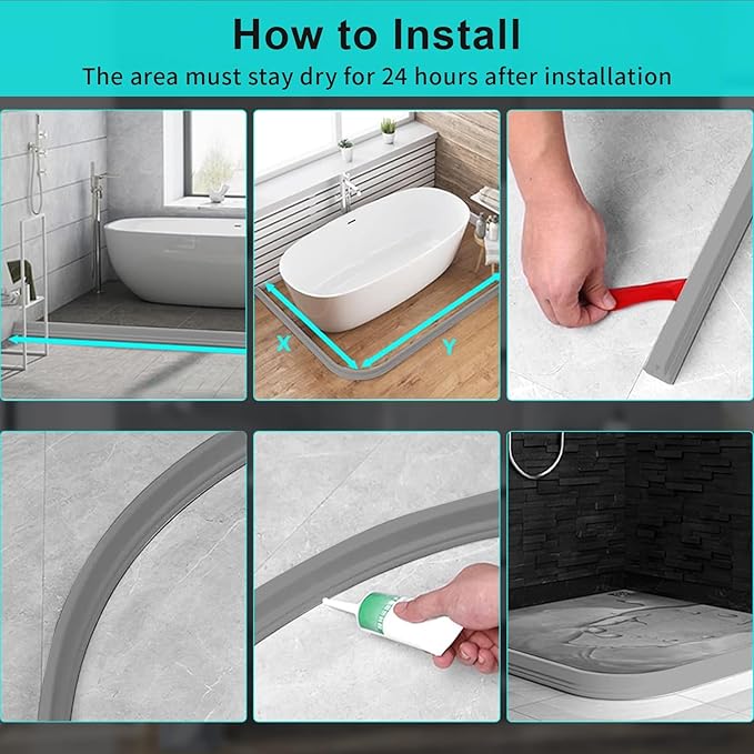 Hi-Na 3ft/5ft/6ft/8ft10ft Collapsible Shower Threshold Water Dam Water Barrier for Shower and Water Stopper Keeps Water Inside Water Threshold for Wet and Dry Separation (8ft, Grey)