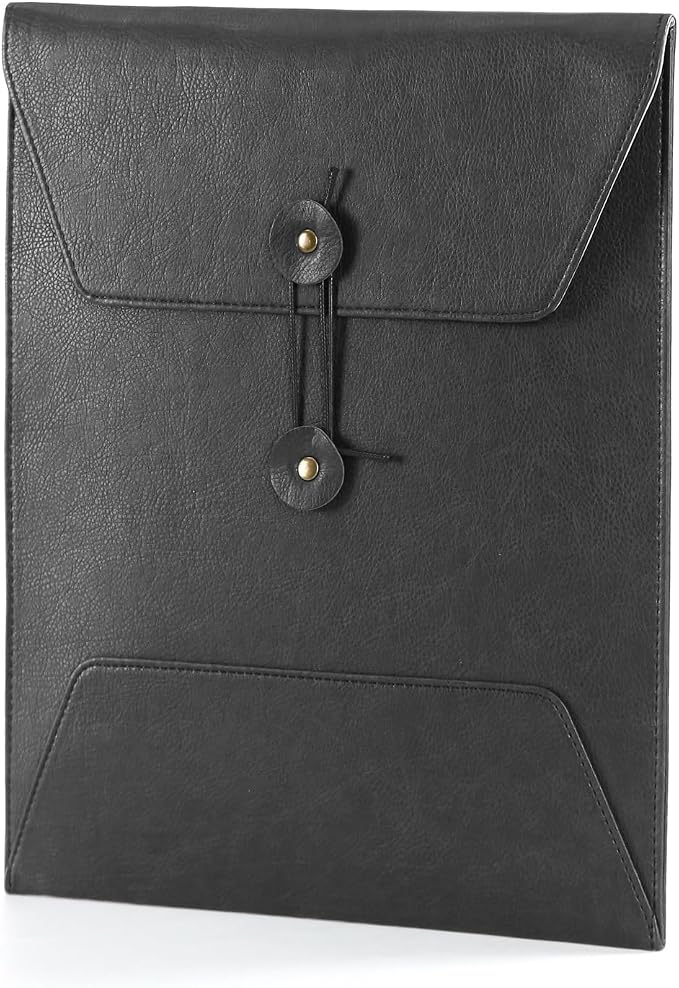 Leather File Folder for Documents,Important Document Folder with String Tie,Laptop Sleeve Notebook Case,Leather File Organizer,A4 Envelopes Filing Folder (Vertical, Black)