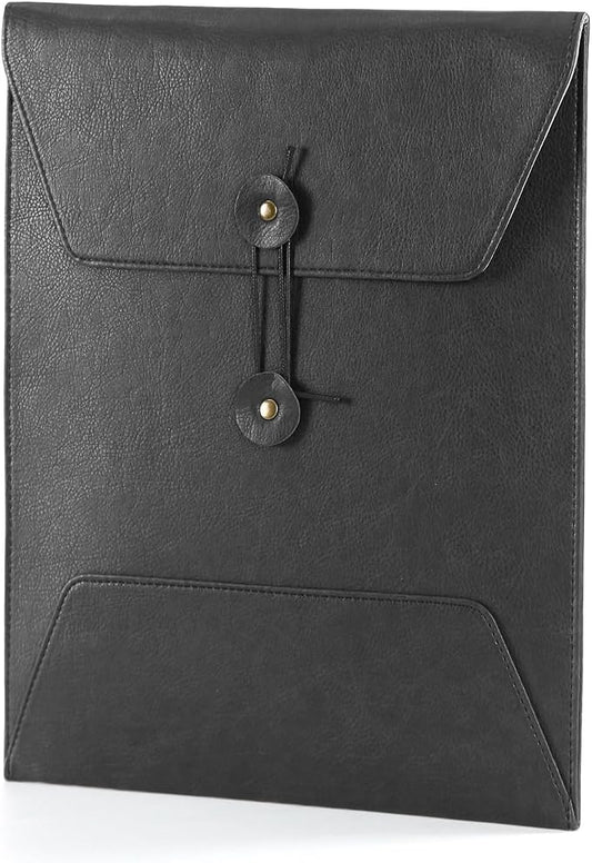 Leather File Folder for Documents,Important Document Folder with String Tie,Laptop Sleeve Notebook Case,Leather File Organizer,A4 Envelopes Filing Folder (Vertical, Black)