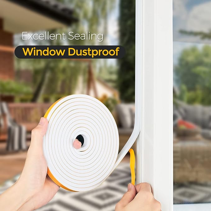 10 Feet Weather Stripping Door Seal, 1" Wide X 1/16" Thick Door Seal Strip High Density Foam Tape Adhesive Strip for Door Soundproofing,Window Insulation (1" x 1/16" x 10FT,White)