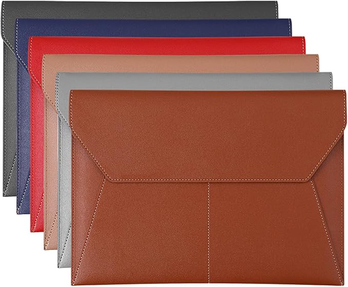 PU Leather A4 File Folder Document Holder with 3 Pockets Waterproof Stylish Envelope Folder Case with Snap Closure (Brown)