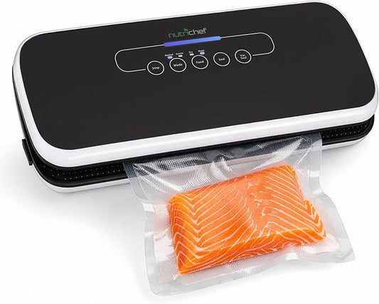 NutriChef Automatic Vacuum Sealer for Food | Electric Food Vacuum Sealing Machine with LED Controls | Strong Suction for Dry & Moist Foods | Includes Bags, Hose & Wine Stopper | Compact Size 14”x6"x3”