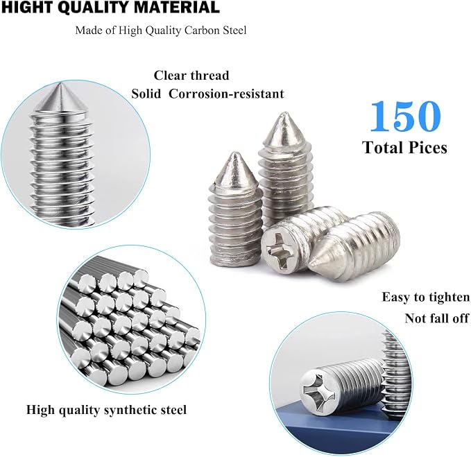 150 pcs Nickel Plated Tip Screws Pointed Cross Slot Leather Accessories 6 Sizes Belt Screws Include M2*3,M2*5,M2.5*3,M2.5*6,M3*6,M3*8 With 2mm Screwdriver for Belt Buckle Wallet Handbag Purse with Box