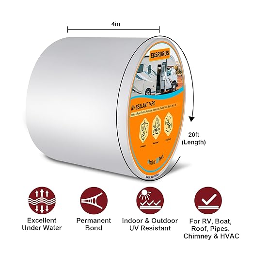 EDSRDRUS RV Roof Tape, Heavy-Duty Adhesive Butyl Seal Tape Waterproof UV-Resistant for RV Repair, RV Sealant Tape for Boat, Camper Roof Leaks (White, 4inch*20ft)
