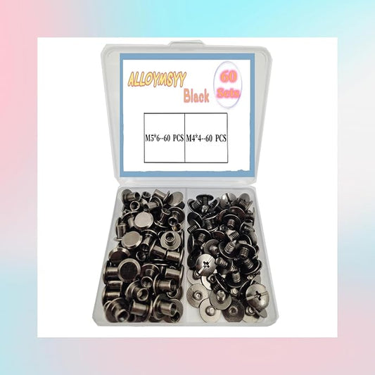 60 Sets M5*6mm Gun Black Leather Rivets Screws Rivets Chicago Binding Screws Adjust and Repair Leather Craft Belts, Bags, Shoes, Purse Bindings