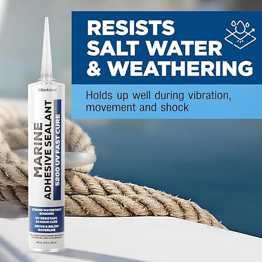 Marine Adhesive Sealant 5200 Fast Cure, 10 oz White — Permanent Watertight Bond Above & Below Waterline, UV Resistant Marine Caulk for Boats, Hulls, Decks & Fittings by Berkland, American Owned