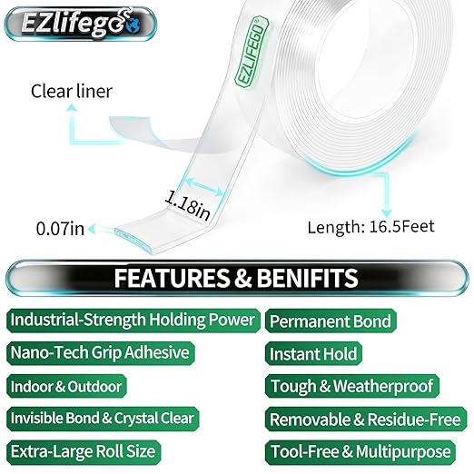 EZlifego Double Sided Tape Heavy Duty(Extra Large 16.5FT), Nano Adhesive Mounting Tape Wall Decor,Sticky Picture Hanging Adhesive Strips Poster Tape