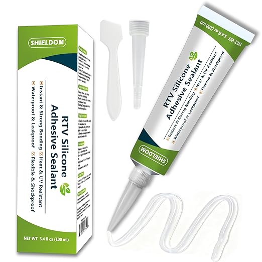 SHIELDOM RTV Silicone Adhesive Sealant 100% Silicone Sealer All-Purpose Caulk Waterproof Stronger Adhesion, Shrink & Crack Proof Caulking for Car, Kitchen, Window, Bathroom, Door (Clear, 3.4 Fl. Oz.)