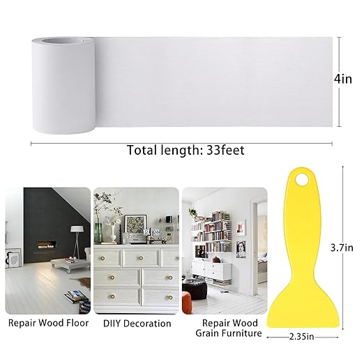 4" X33' Size Realistic Wood Grain Repair Tape, Self Adhesive Wood Grain Repair Patch for Tables, Chairs, Doors, Windows, Floors, Furniture Renovation, Handicraft DIY. With Plastic Scraper. White Wood