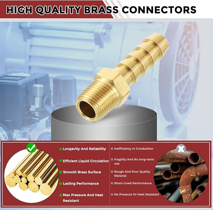 Pack of 4 Brass Hose Barb Fittings Adapter Connector 5/16" Hose Barb to 1/8" NPT Male Fittings for Home Machines, Massage Bathtubs, and Irrigation Systems