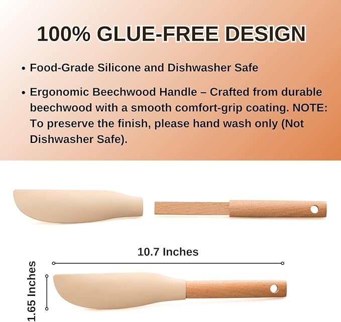 2Pcs 10.7" Silicone Jar Spatula with Natural Beechwood Handle, Removable Flexible Scraper Head for Deep Jars, Thick Non-Stick Small Spatula for Sourdough, Peanut Butter, Blenders & Baking, Cream