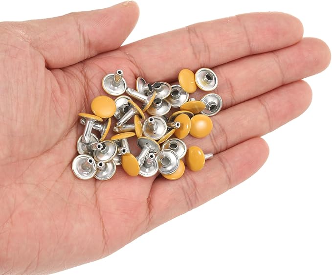 HARFINGTON 100 Sets Double Cap Leather Rivets, 10x10mm Round Cap Tubular Metal Studs Leather Crafting Rivets for Fabric Belt Pet Collar Boot Bag Repair and Decoration, Yellow