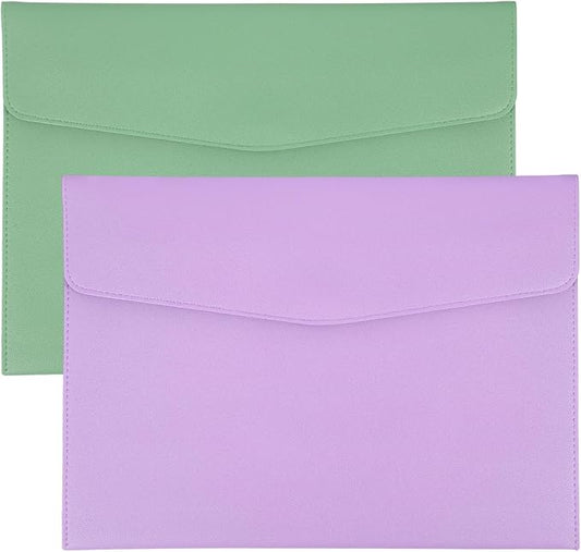 PATIKIL 2Pcs PU Leather A4 File Folder, Document Holder Envelope Waterproof Napa Texture Filing Organizer Portfolio Folder Case with Magnetic Snap Closure for Home Office, Green, Purple