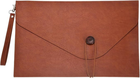 PATIKIL Leather Folder, 14x10 Leather Document Holder File Folder PU Pouch Bag Portfolio File Organizer Handbag Button Personal Envelope Waterproof for Traveling Men Gift, Brown