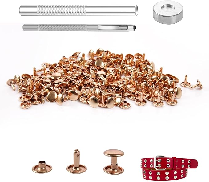 100 Sets Leather Rivets 8x10mm Double Cap Rivets Snaps Metal Studs Fasteners with 3pcs Setting Tools for Leather Craft DIY Repair Decoration, Light Gold Tone
