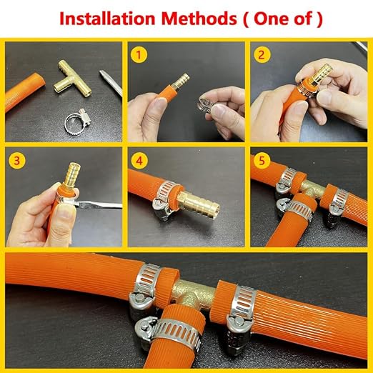 Da by 2 pcs 1/2" (13mm) Brass Tee Barb Fittings for 13mm ID Hose, 6 pcs Stainless Steel Pipe Clamps, 3 Way Union Intersection for Water/Fuel/Air(T)