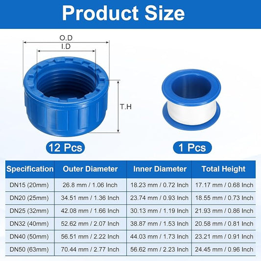 uxcell 12Pcs 3/4 Inch PT Female Thread PVC Pipe Fitting Cap, Cleanout Water Drain End Caps, Pipe Plug Socket Fittings with Tape for Water Heater Supply Lines, Plumbing, Blue