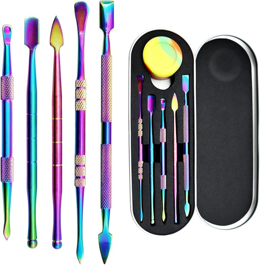 YETOOME 6 Pcs Wax Carving Tool Set with 5 ml Silicone Container and Portable Metal Case, Double-Ended Carving Tool Stainless Steel Wax Sculpting Tools for Wood, Wax, Clay, Pottery, Rainbow Color