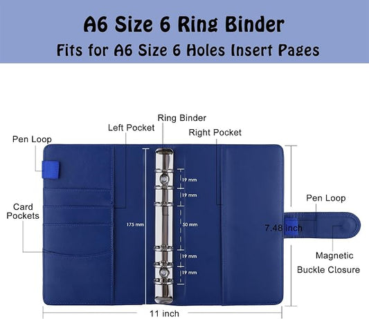 Antner A6 PU Leather Budget Binder - Refillable 6 Ring Notebook for A6 Refill Paper, Loose Leaf Personal Planner Cover With Magnetic Buckle Closure, Navy Blue