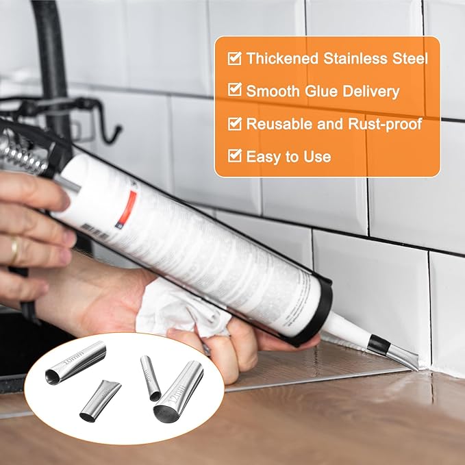 HARFINGTON 3pcs Caulking Nozzle Applicator 5/6/7mm Caulking Finisher Kit Stainless Steel Sealant Finishing Tool Kit Reusable Caulk Nozzle for Kitchen Bathroom