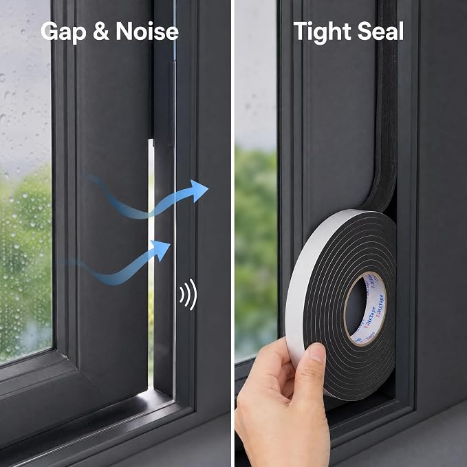 Seal Foam Tape,1/16" Thick-1"-49ft 2Rolls, Weather Stripping for Door and Window,High Density Single Sided Closed Cell Door Insulation Weather Strip, Black