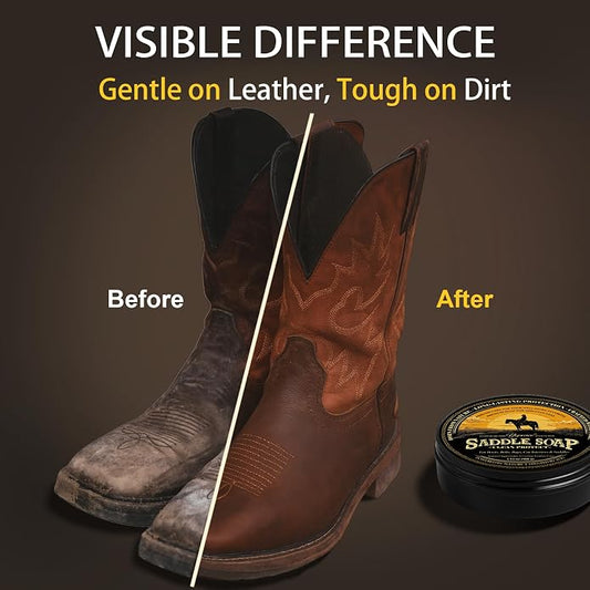 Saddle Soap 4PC Leather Care Kit – All-Natural 3.52oz Leather Cleaner & Conditioner with Horsehair Brush – Saddle Soap for Boots, Shoes, Bags, Saddles, Car & Jackets
