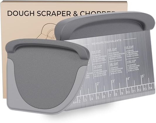 2 IN 1 Upgrade Bench Scraper, Dough Scraper for Pastry Bread Cake Pizza, Stainless Steel Dough Cutter with Conversion Chart & Measuring Scale, Bowl Scraper Food Scraper for Kitchen Baking, Gray