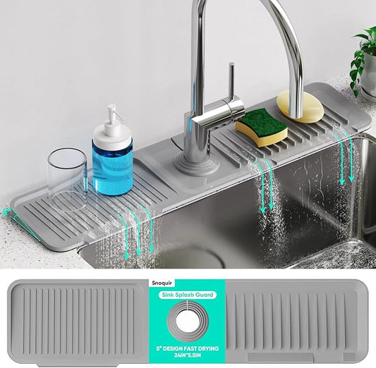24 Inch Longer Faucet Mat for Kitchen Sink [5° Slope Fast Self-draining]Bathroom Kitchen Sink Splash Guard Silicone Sinks Faucet Mat Splash Guard for Kitchens Sinks Area Tidy Splashs Draining Mats