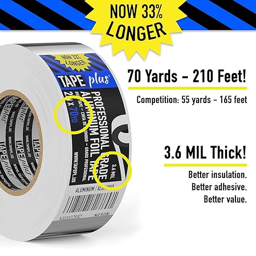 TapePlus Aluminum Foil Tape - HVAC & Ductwork Sealing with HVAC Tape - Metal Ductwork Insulation & Moisture Protection - Heat-Resistant Performance to 250°F - 2 in x 70 yd, Pack of 1, Silver