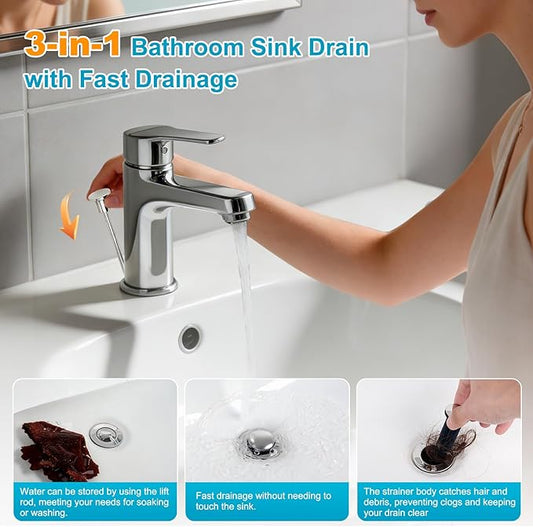 Hibbent 2 Pack Bathroom Sink Drain Assembly with Lift Rod, Lavatory Universal Pop Up Drain Stopper with Overflow for Bathroom Vanity Vessel Sink, Compatible with Moen, American Standard Hole, Chrome