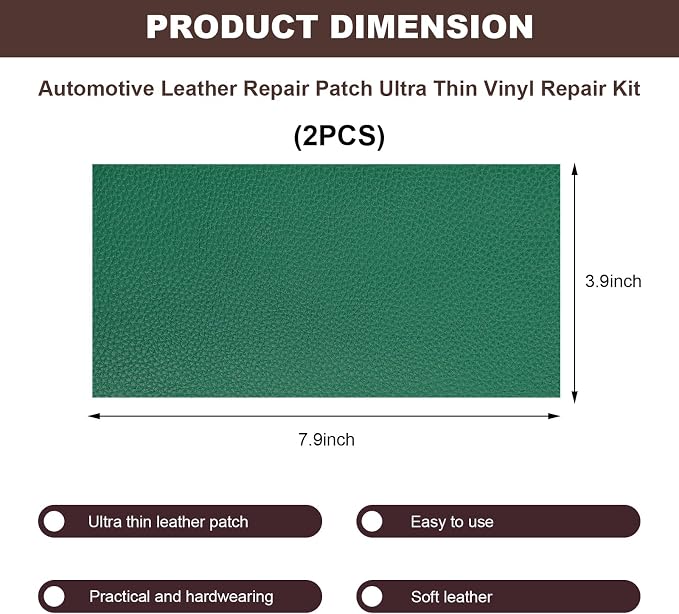 2 PCS Leather Repair Patch Tape, 4 x 8 Inch PU Vinyl Repair Patches for Car Upholstery Seat, Waterproof Self Adhesive Leather Tape Repair Kit for Furniture Couches Chairs (Green)