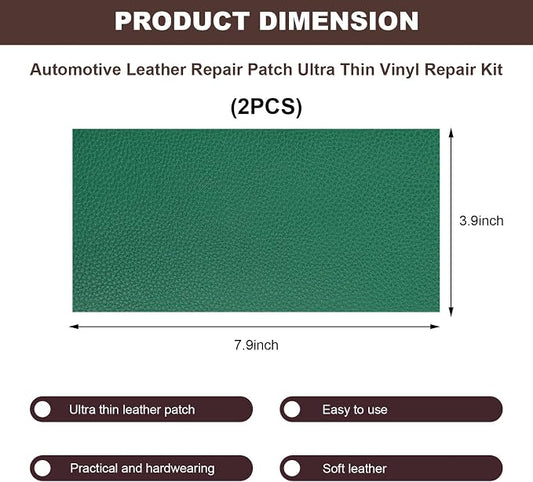 2 PCS Leather Repair Patch Tape, 4 x 8 Inch PU Vinyl Repair Patches for Car Upholstery Seat, Waterproof Self Adhesive Leather Tape Repair Kit for Furniture Couches Chairs (Green)