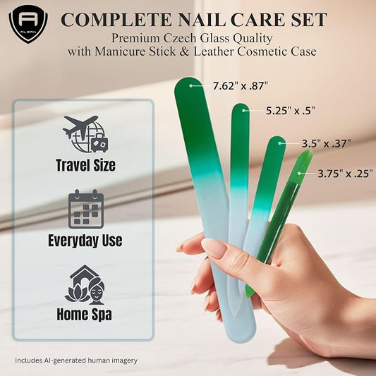 Alban Czech Glass Nail File Set with Manicure Stick & Vegan Leather Cosmetic Case (Green Nail Files, Green Manicure Stick & Cream Cosmetic Case)