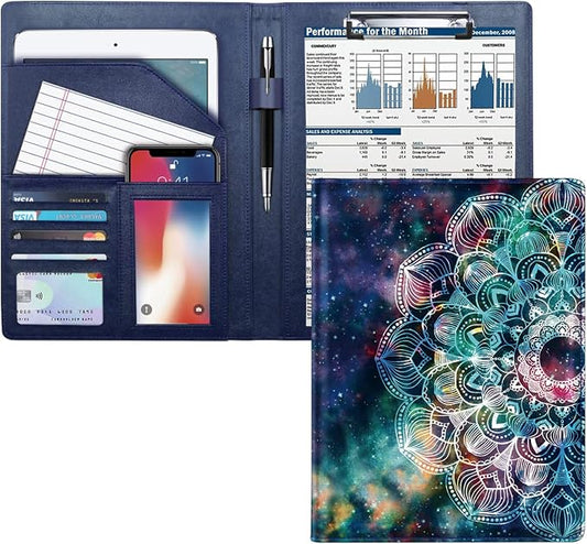 Business Portfolio Folder for Men Women, Padfolio Cover, Conference/Resume/Legal Document Organizer with Letter/A4 Size Clipboard Hardboard, Business Card Holders, Document Sleeve, Mandala