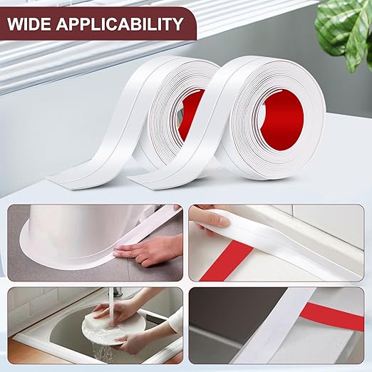 Caulk Tape, 3 Roll White Self Adhesive Caulk Strip Waterproof, Caulking Sealant Tape for Kitchen, Countertop, Bathroom, Sink, Shower, Bathtub, Toilet Edge Protector with Sealing Tool