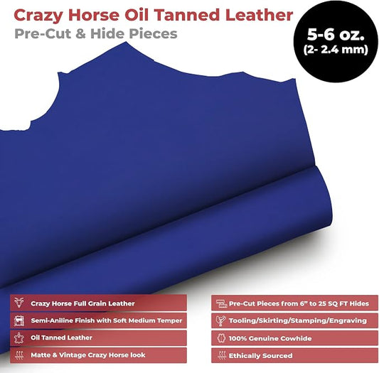 ELW Crazy Horse Leather 5-6 OZ (2-2.4mm) | Blue | Pre-Cut 2.5-4 SQ FT 2PCS | Full Grain Cowhide Handmade Leather for DIY, Crafts, Sheaths, Sewing, Workshop
