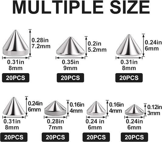OIIKI 140PCS ABS Bullet Spike Cone Studs, 7 Styles Rivets Cone Spike Studs Beads, Flat Back Punk Spikes DIY Crafts Studs Glue on Decoration for Leather Clothes Belt Bags Jewelry Trims - Silver