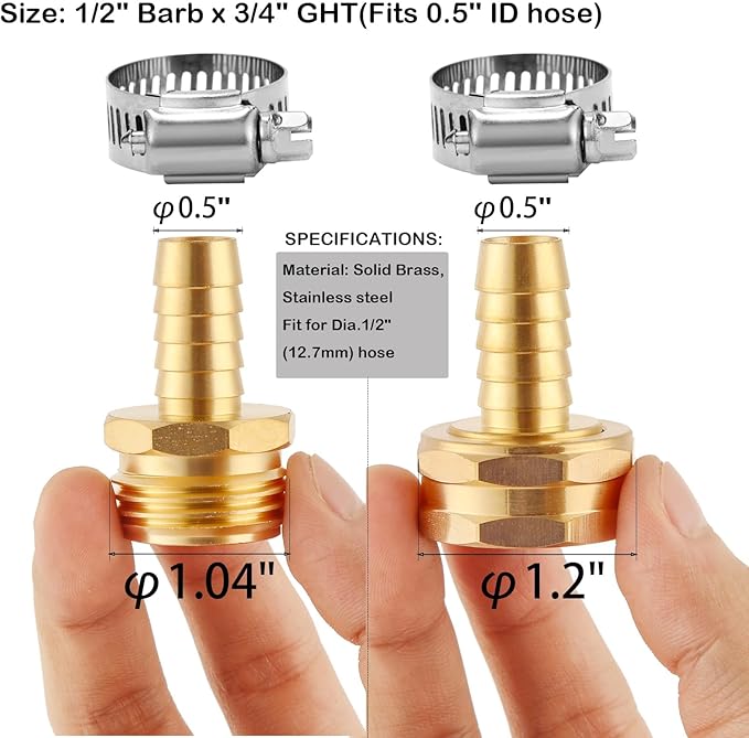Brass Garden Hose Connector Repair Mender Kit with Stainless Clamp,Fits 1/2" Water Hose Fitting (1/2" Barb x 3/4" GHT)