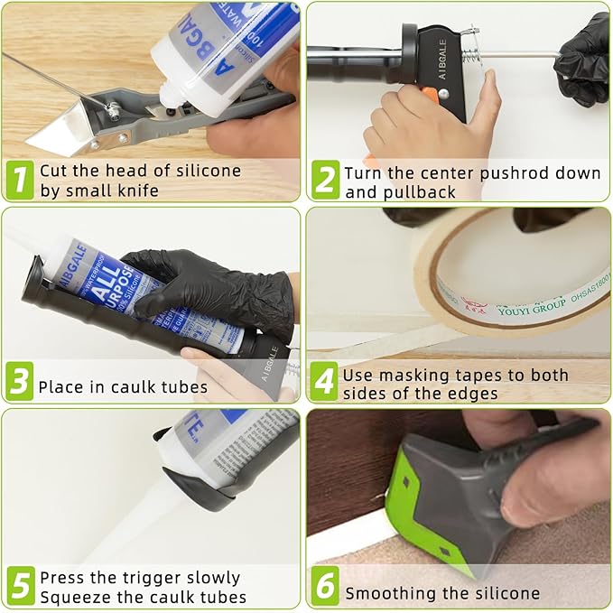 Caulking Tool Kit, Caulking Gun, 2 Clear Silicone Sealant with Gun - All-Purpose 100% Silicone Caulk (20 oz Tube), and 5 in 1 Scraper/Smoothing Tool, Sandpaper, Gloves and Masking Tape