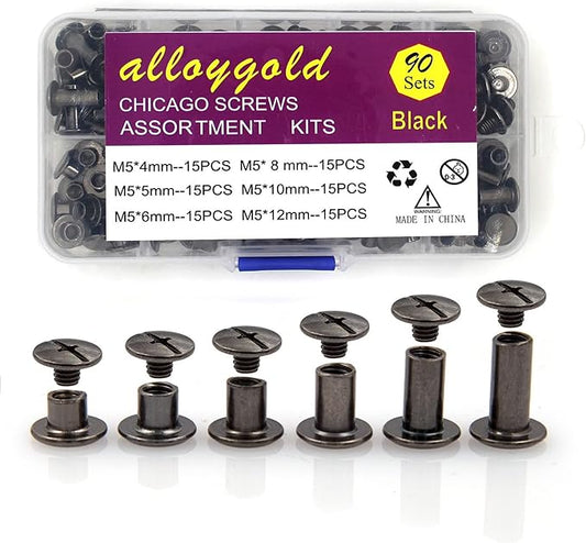 Black Chicago Screw Leather Assorted Kit, 90 Sets, 6 Sizes | M5 X 4, 5, 6, 8, 10, 12, Screw Rivets for Leather, For DIY Leather Craft, For Bookbinding