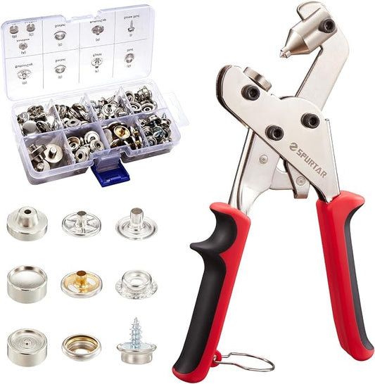 Spurtar Snap Fastener Tool Heavy Duty Snap Button Kit with 40 Sets 15mm Snaps and 3 Dies Upgraded Dual-Lever Design Snap Fasteners for Boat Cover Sewing Leather Fabric Cloths Canvas Tarp DIY